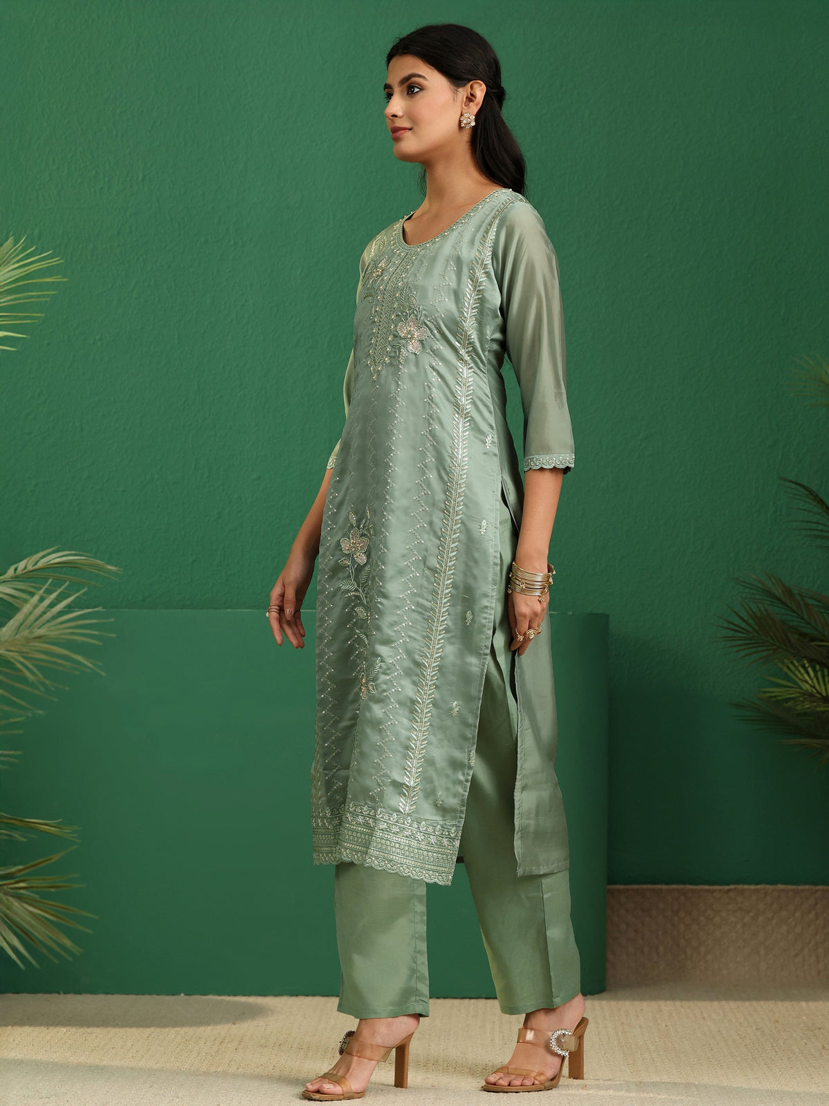 sanjhshringar Sage Green Floral Embroidered Organza Straight Suit Set
