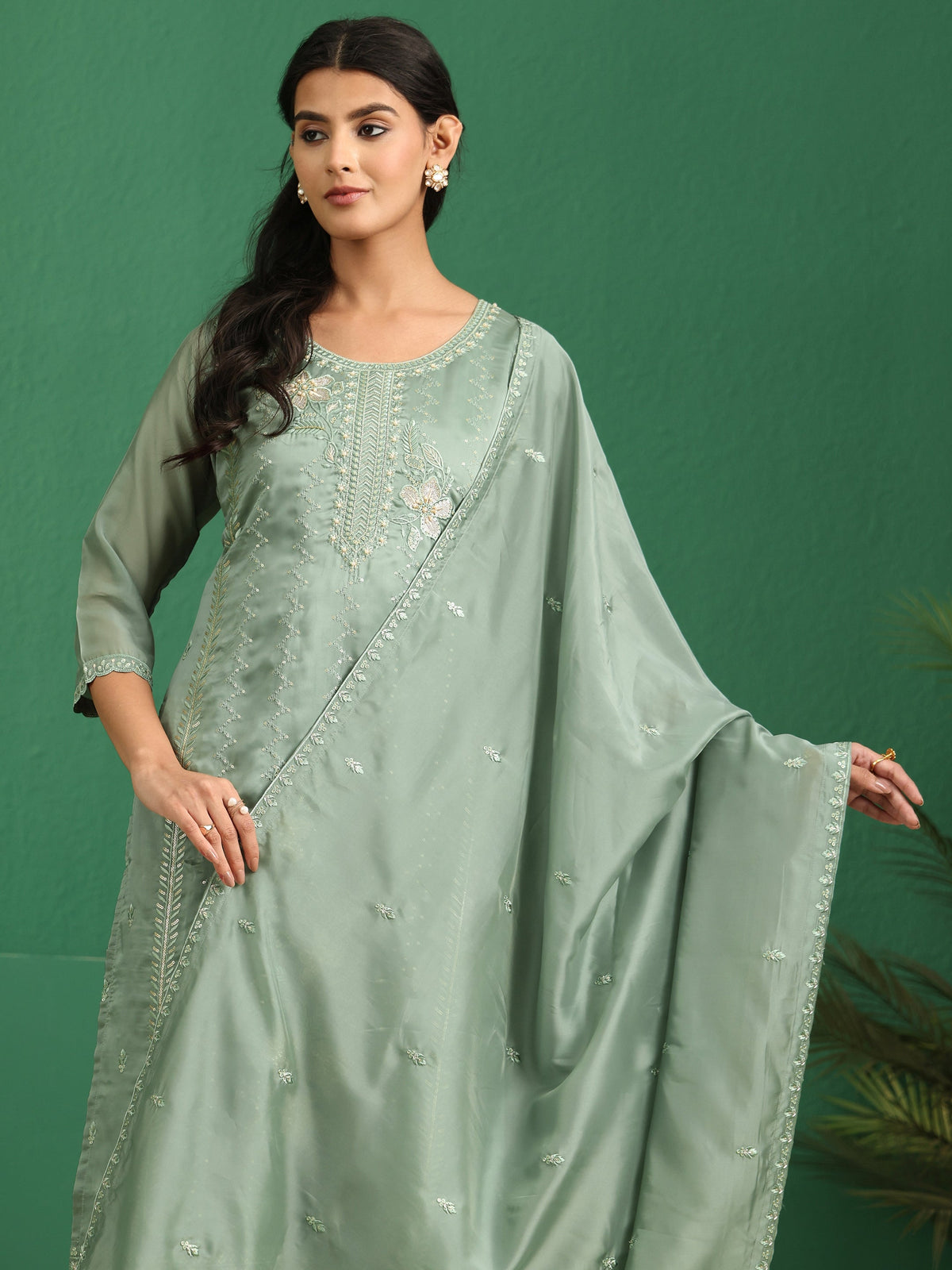 sanjhshringar Sage Green Floral Embroidered Organza Straight Suit Set