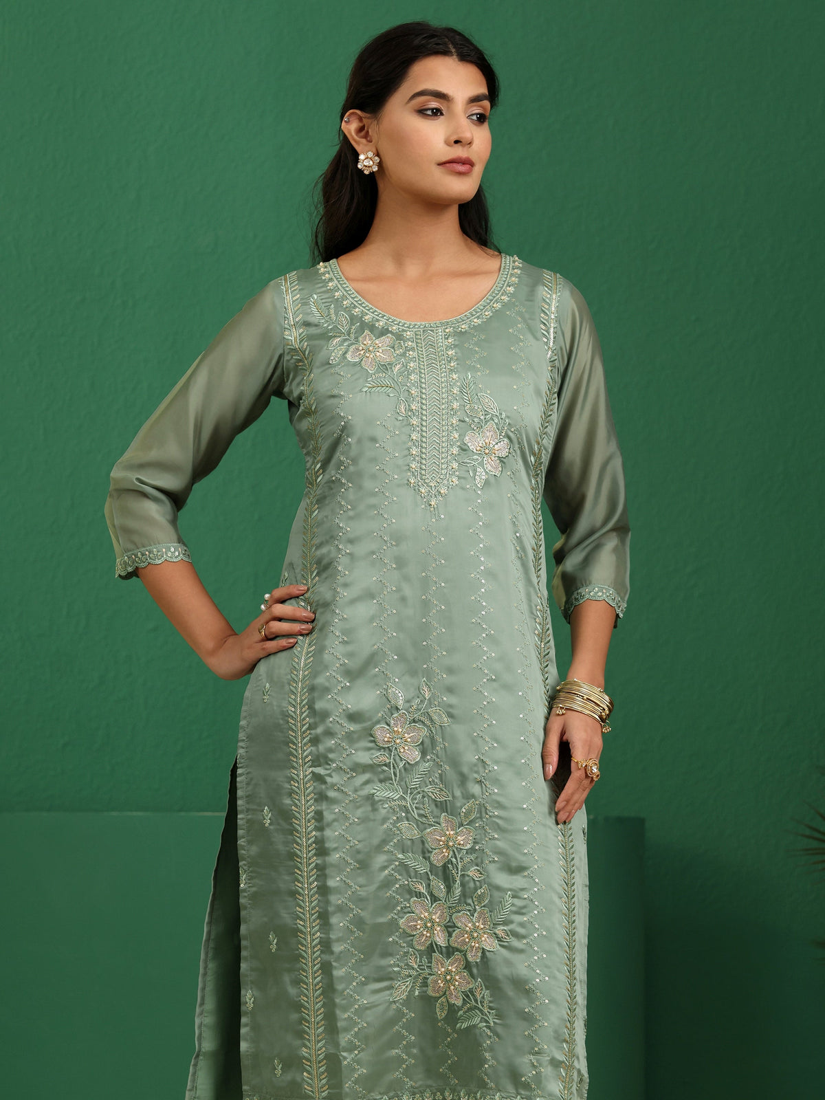 sanjhshringar Sage Green Floral Embroidered Organza Straight Suit Set