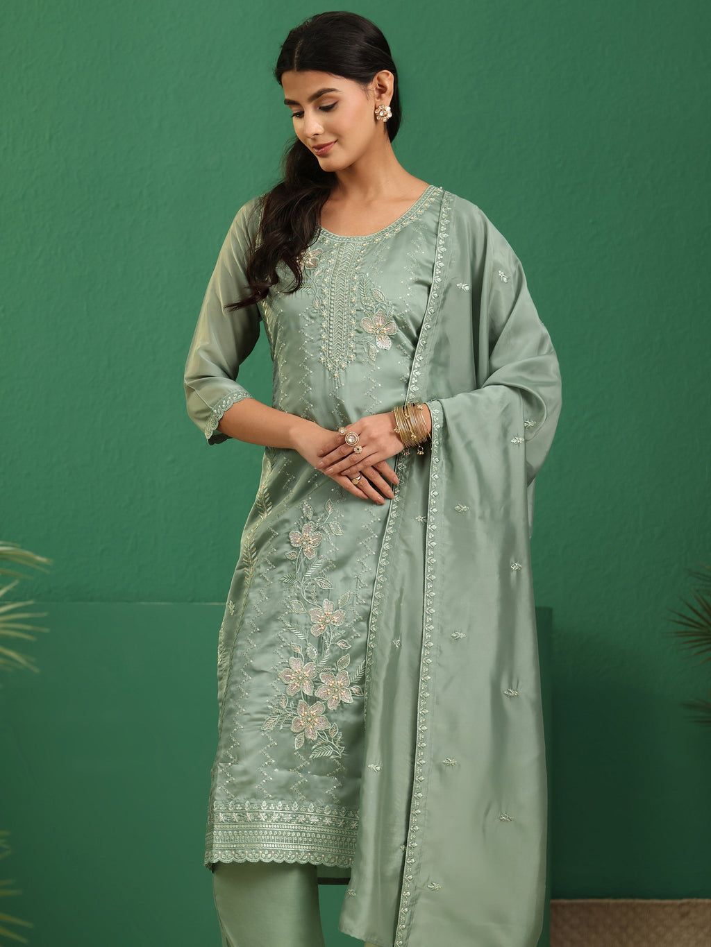 sanjhshringar Sage Green Floral Embroidered Organza Straight Suit Set