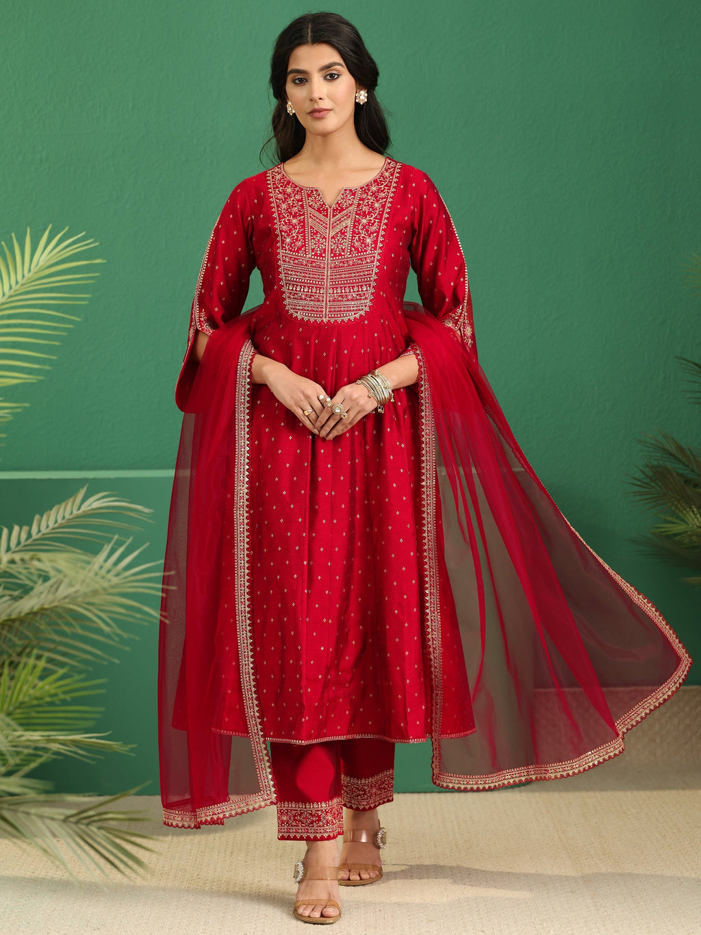 sanjhshringar Crimson Red Woven Design Silk Blend Anarakali Suit Set