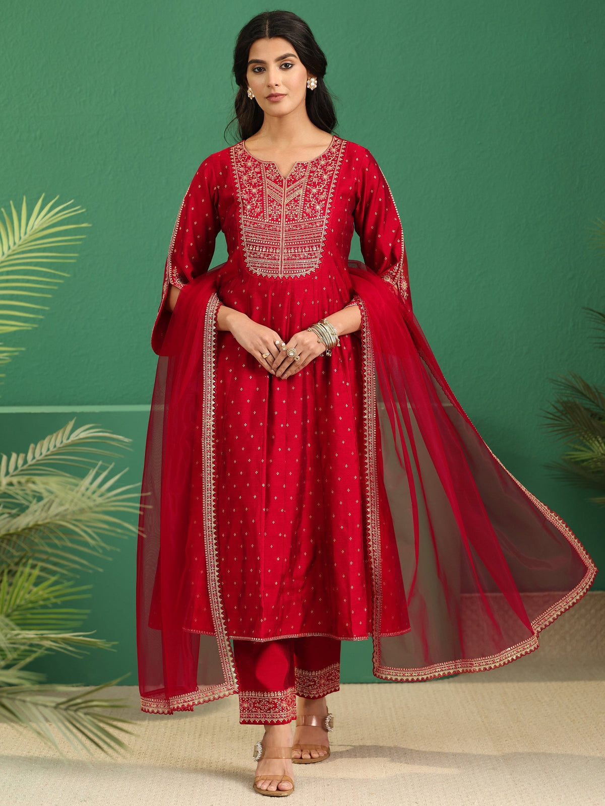 sanjhshringar Crimson Red Woven Design Silk Blend Anarakali Suit Set