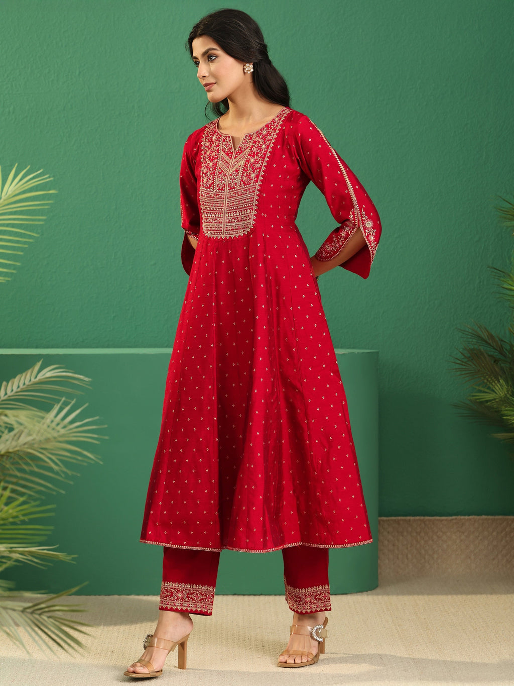 sanjhshringar Crimson Red Woven Design Silk Blend Anarakali Suit Set