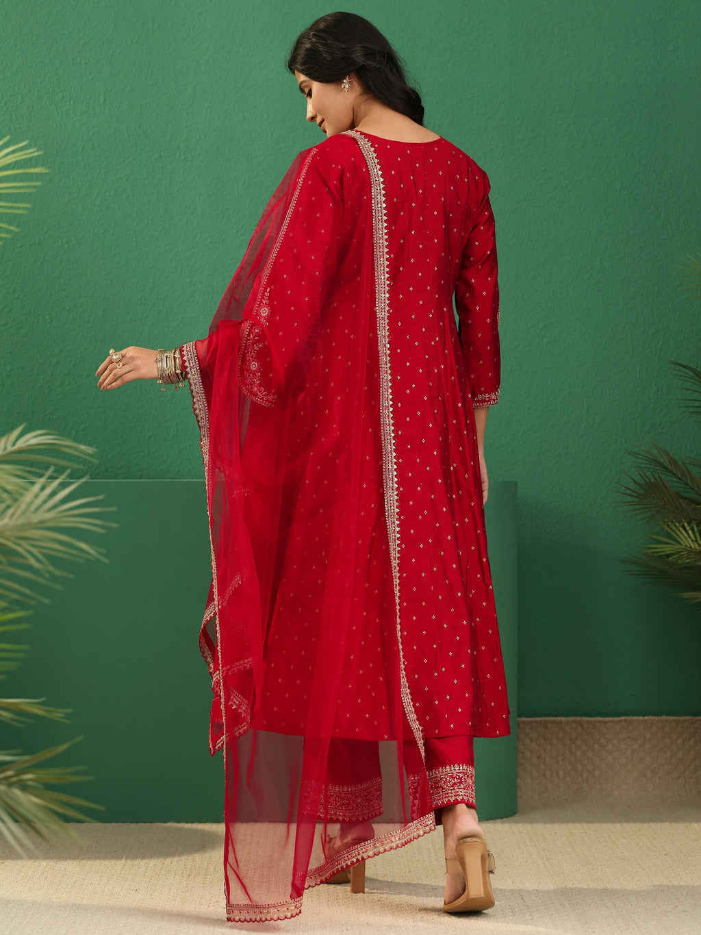 sanjhshringar Crimson Red Woven Design Silk Blend Anarakali Suit Set