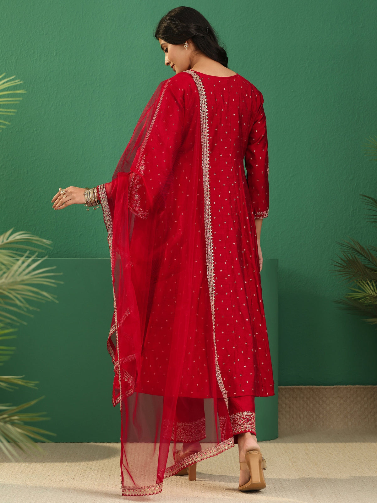 sanjhshringar Crimson Red Woven Design Silk Blend Anarakali Suit Set
