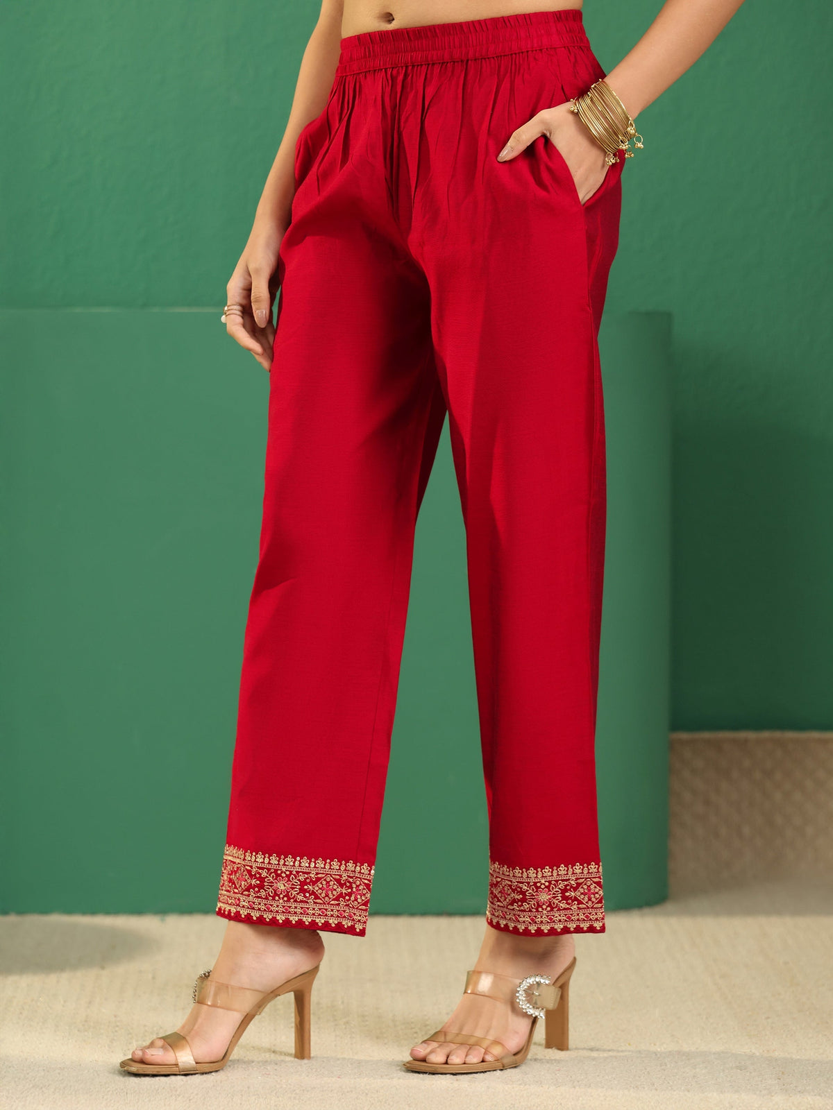 sanjhshringar Crimson Red Woven Design Silk Blend Anarakali Suit Set