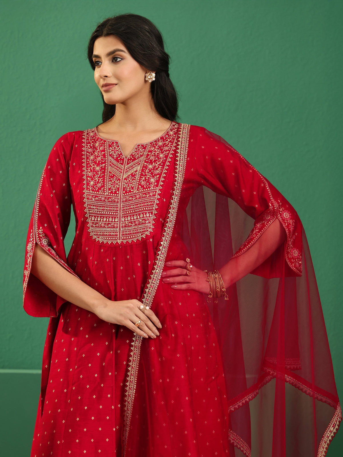 sanjhshringar Crimson Red Woven Design Silk Blend Anarakali Suit Set
