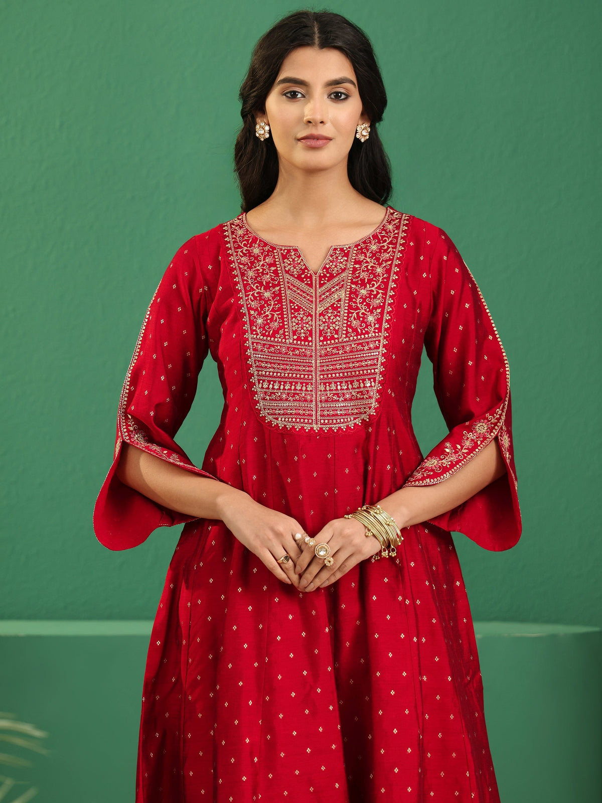 sanjhshringar Crimson Red Woven Design Silk Blend Anarakali Suit Set