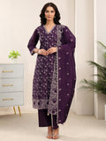 sanjhshringar Aubergine Purple Embroidered Chanderi Silk Straight Suit Set