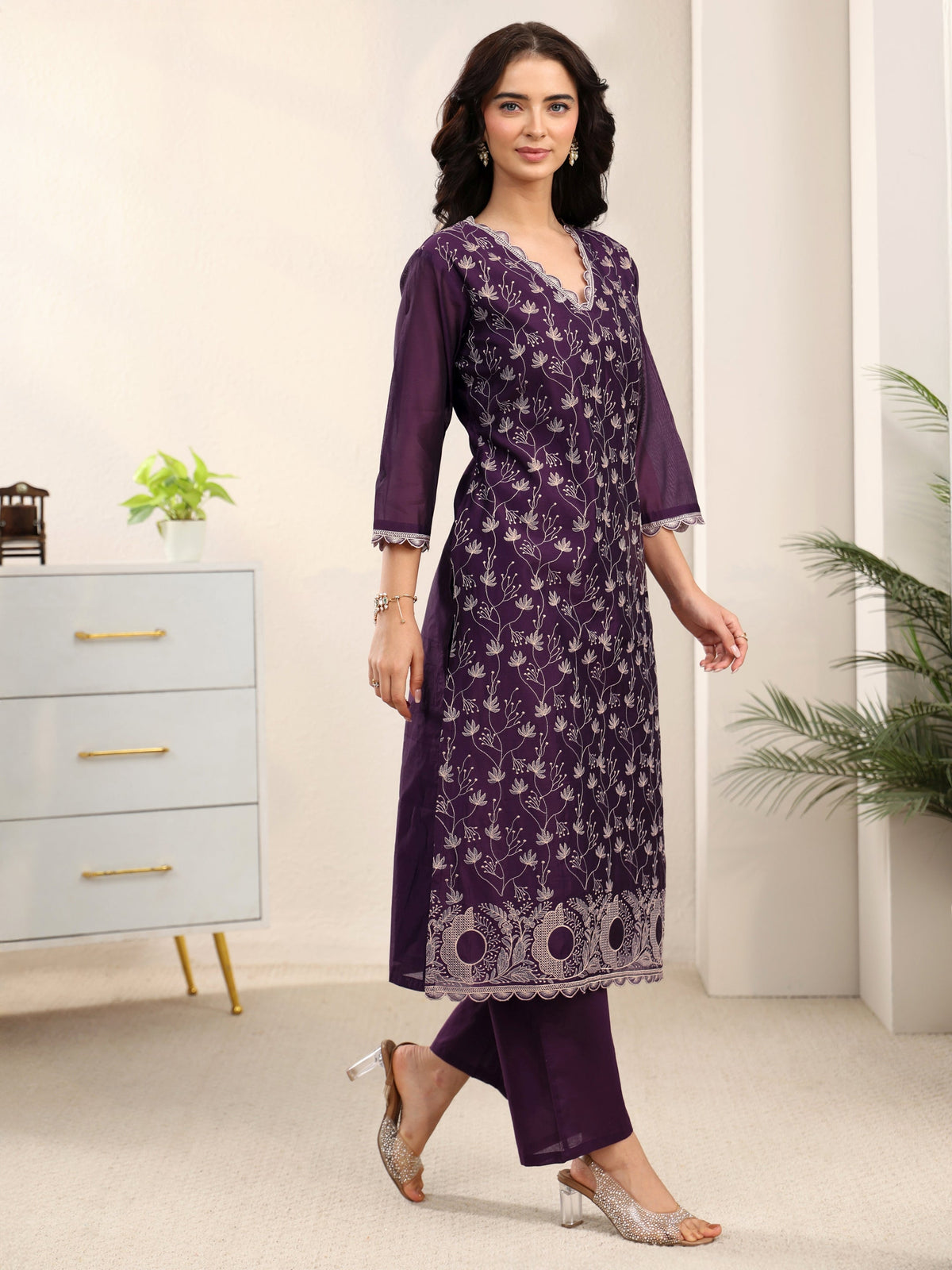 sanjhshringar Aubergine Purple Embroidered Chanderi Silk Straight Suit Set