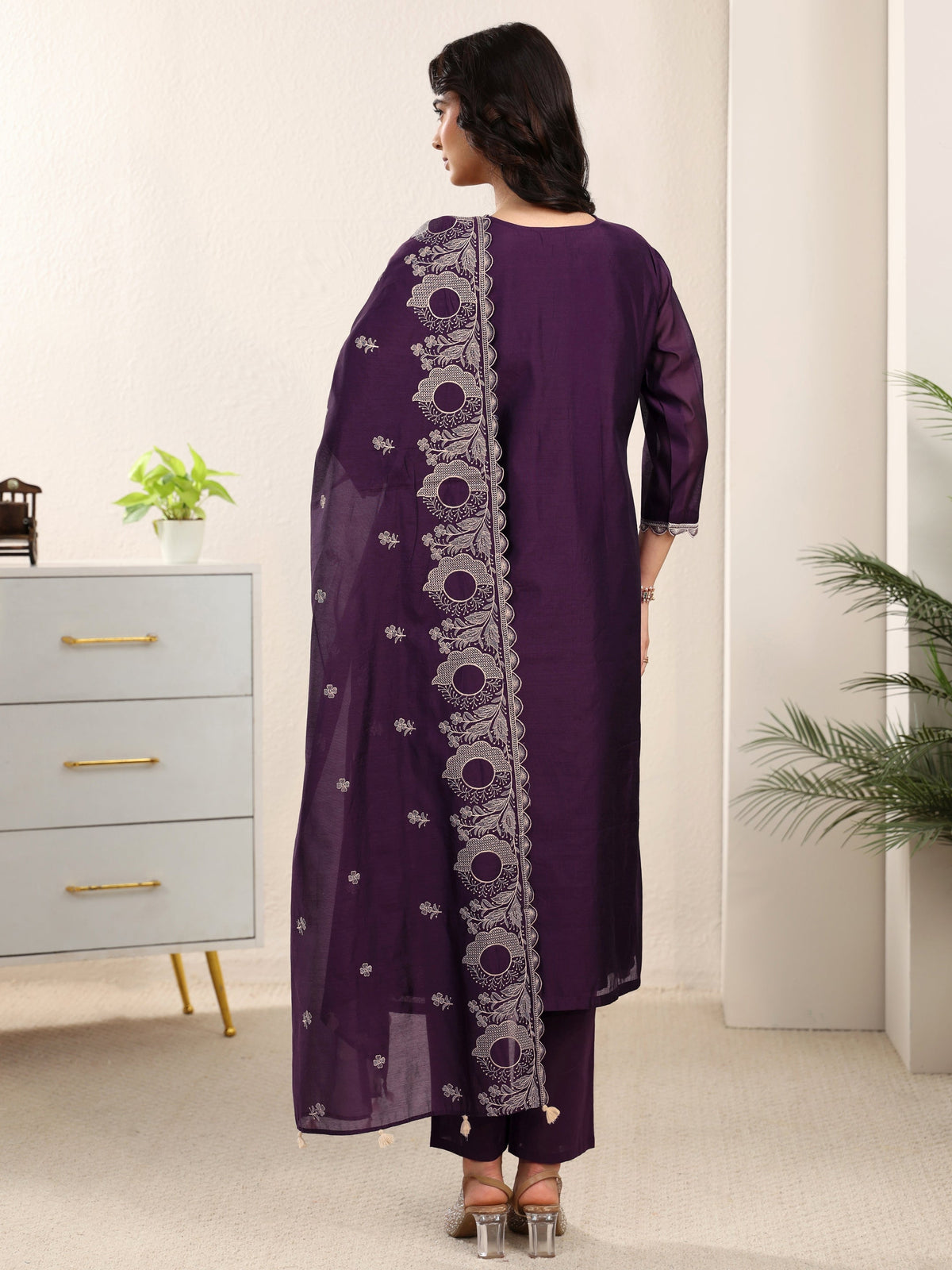 sanjhshringar Aubergine Purple Embroidered Chanderi Silk Straight Suit Set