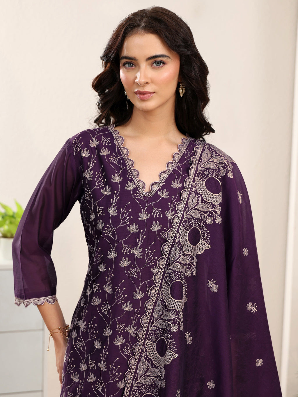sanjhshringar Aubergine Purple Embroidered Chanderi Silk Straight Suit Set