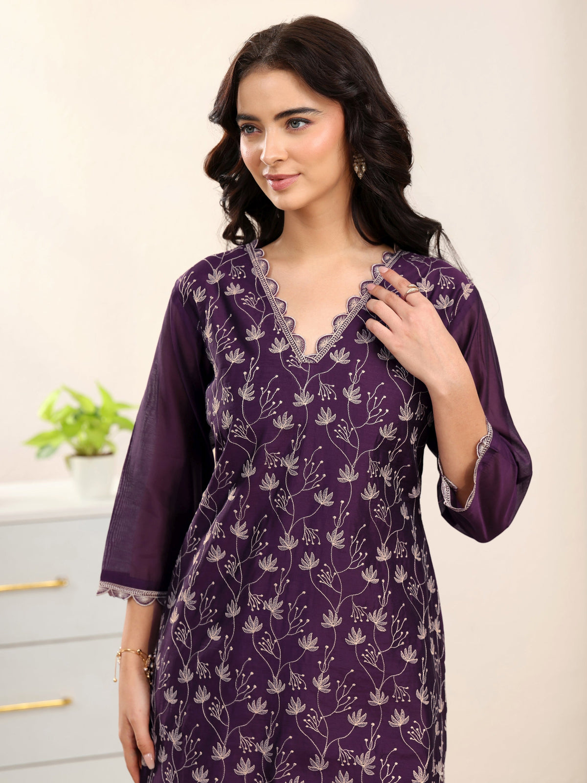 sanjhshringar Aubergine Purple Embroidered Chanderi Silk Straight Suit Set
