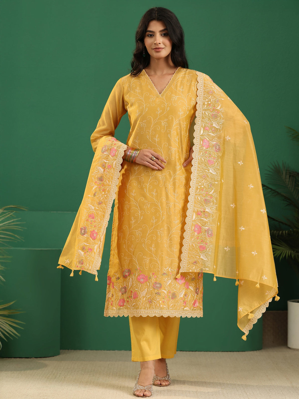 sanjhshringar Yellow Floral Embroidered Chanderi Silk Straight Suit Set