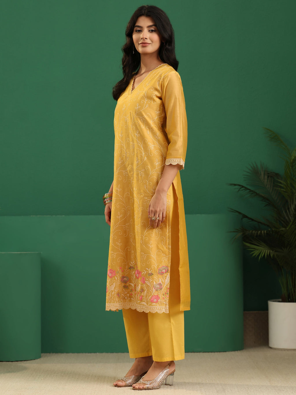 sanjhshringar Yellow Floral Embroidered Chanderi Silk Straight Suit Set