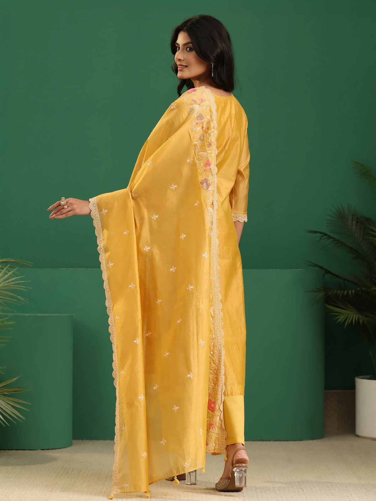 sanjhshringar Yellow Floral Embroidered Chanderi Silk Straight Suit Set