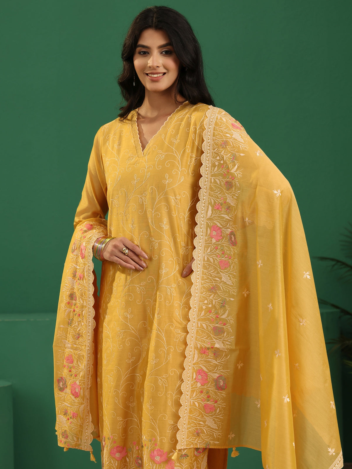 sanjhshringar Yellow Floral Embroidered Chanderi Silk Straight Suit Set