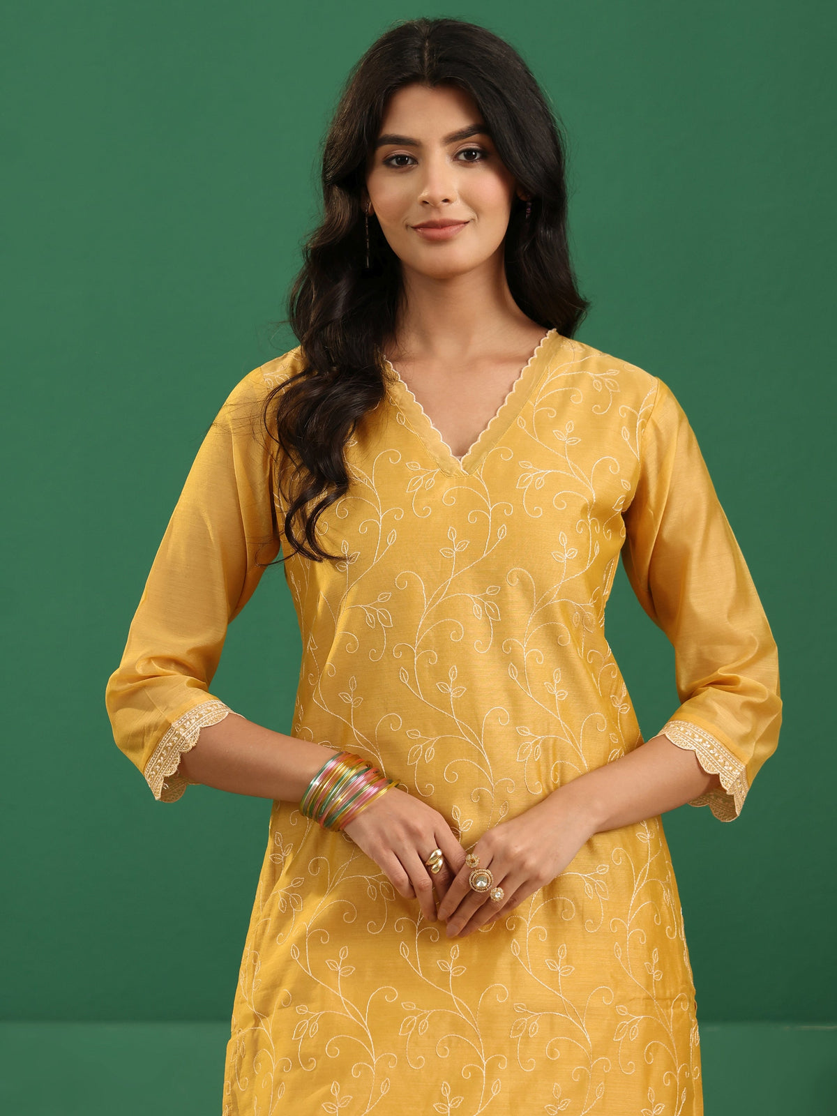 sanjhshringar Yellow Floral Embroidered Chanderi Silk Straight Suit Set