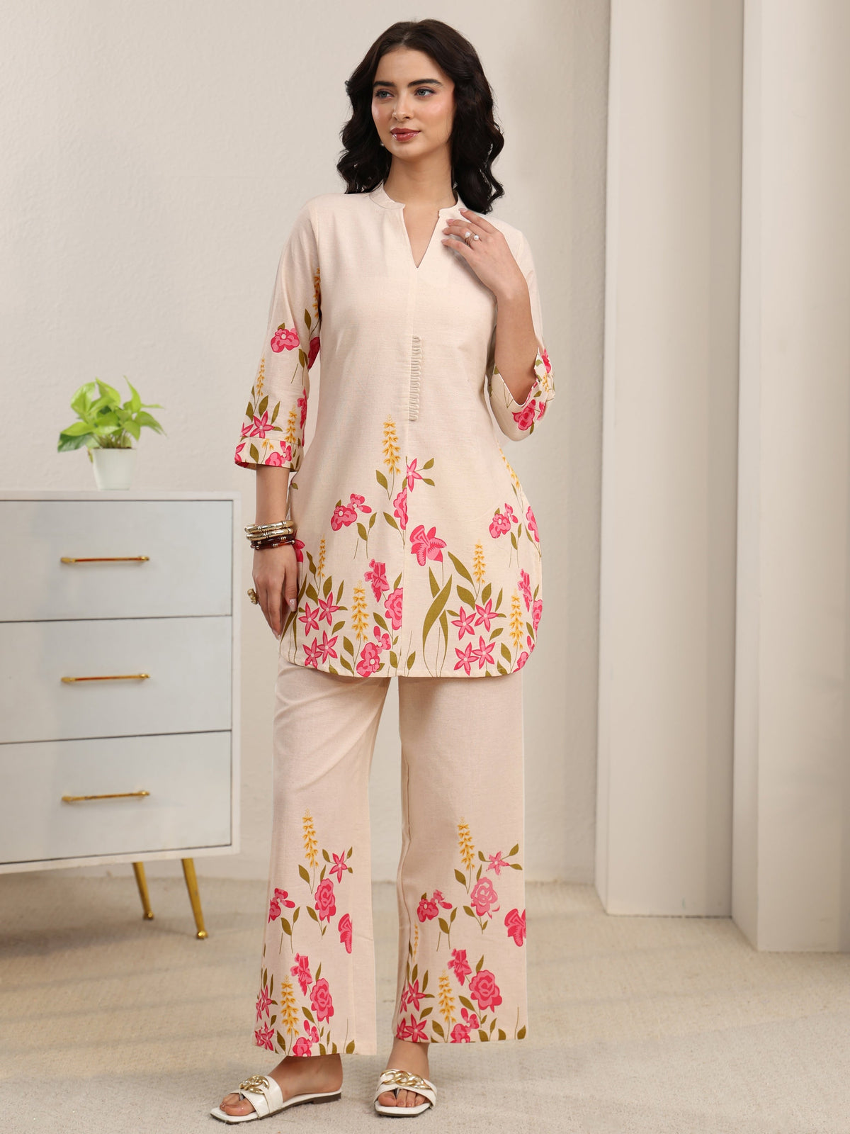 sanjhshringar Off White Floral Printed Cotton Co-Ord Set
