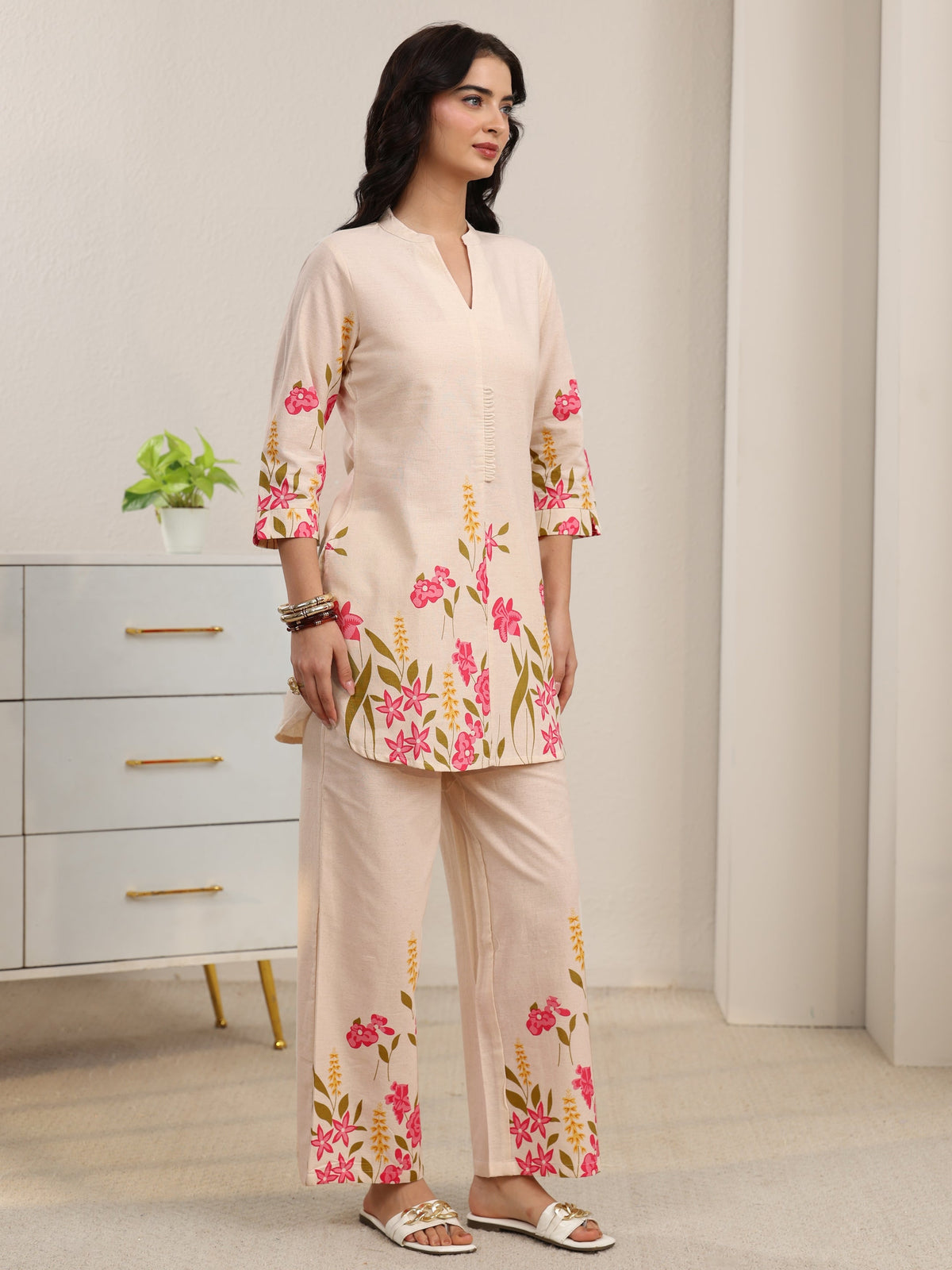 sanjhshringar Off White Floral Printed Cotton Co-Ord Set