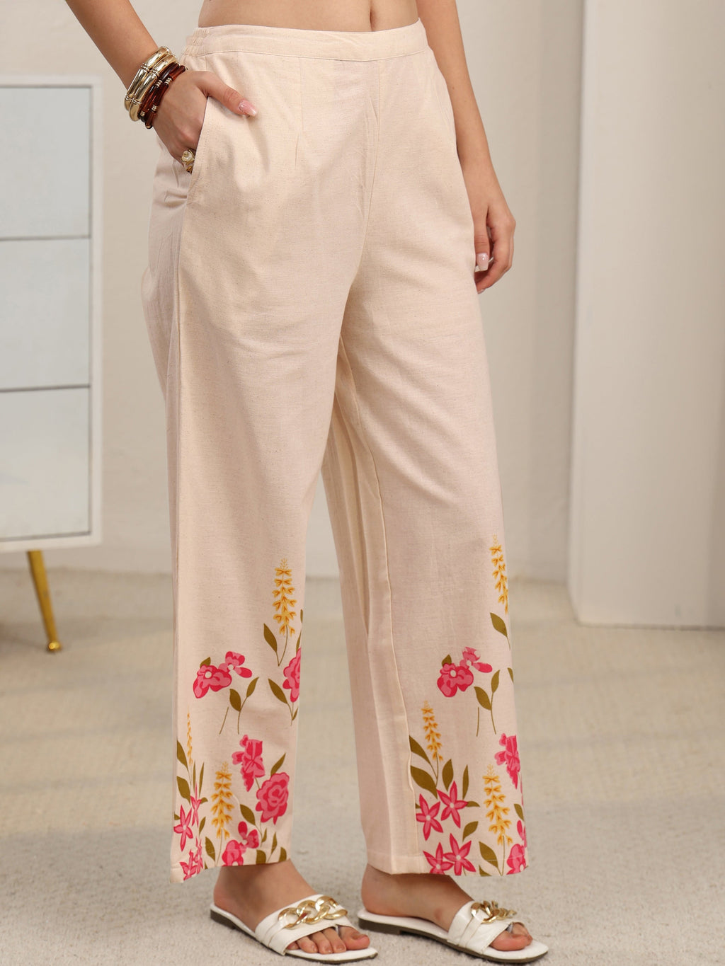 sanjhshringar Off White Floral Printed Cotton Co-Ord Set