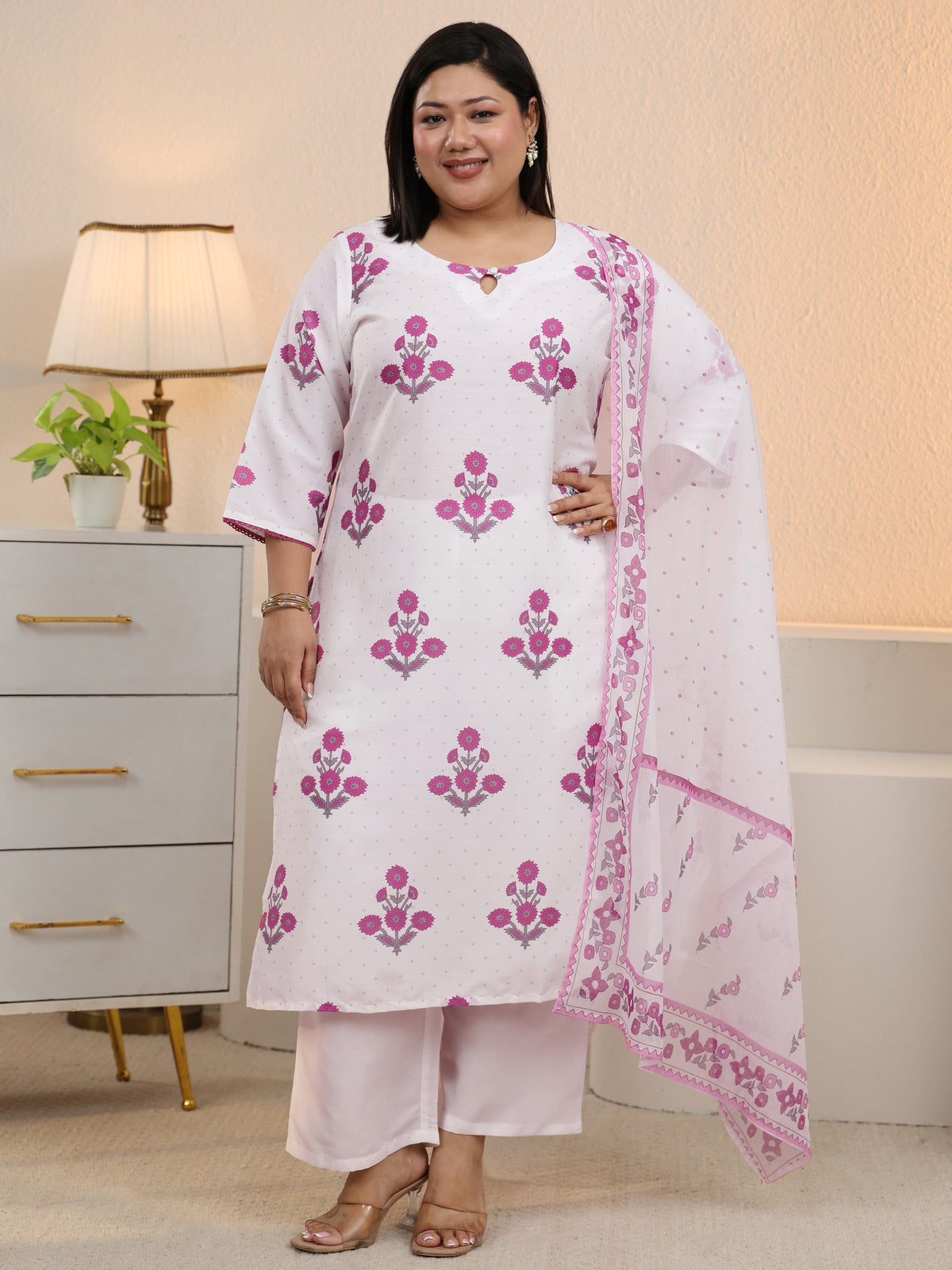 Plus Size White Floral Printed Cotton Blend Straight Suit Set With Dupatta
