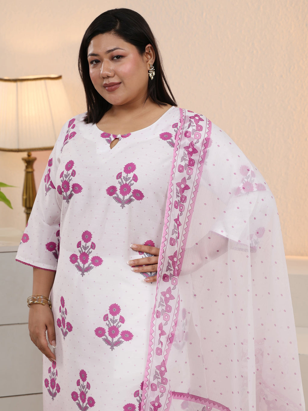 Plus Size White Floral Printed Cotton Blend Straight Suit Set With Dupatta