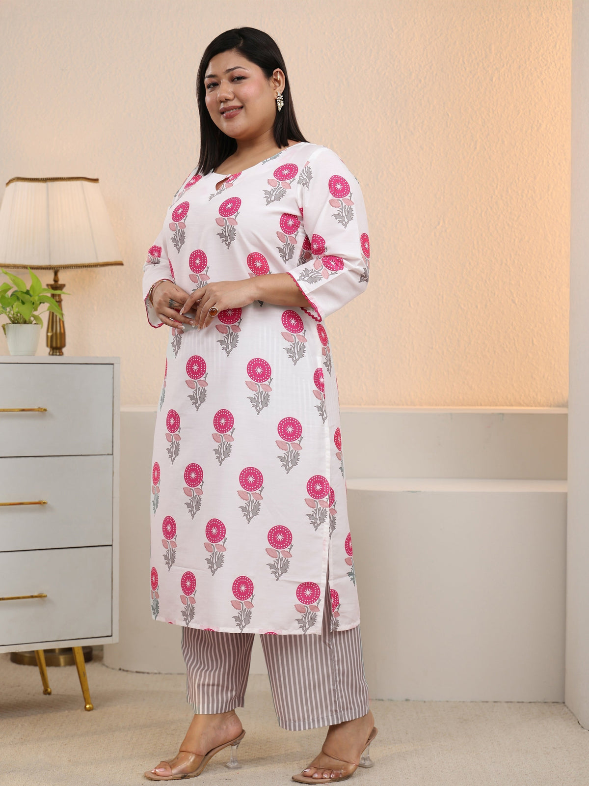 Plus Size White Floral Printed Cotton Blend Straight Suit Set With Dupatta