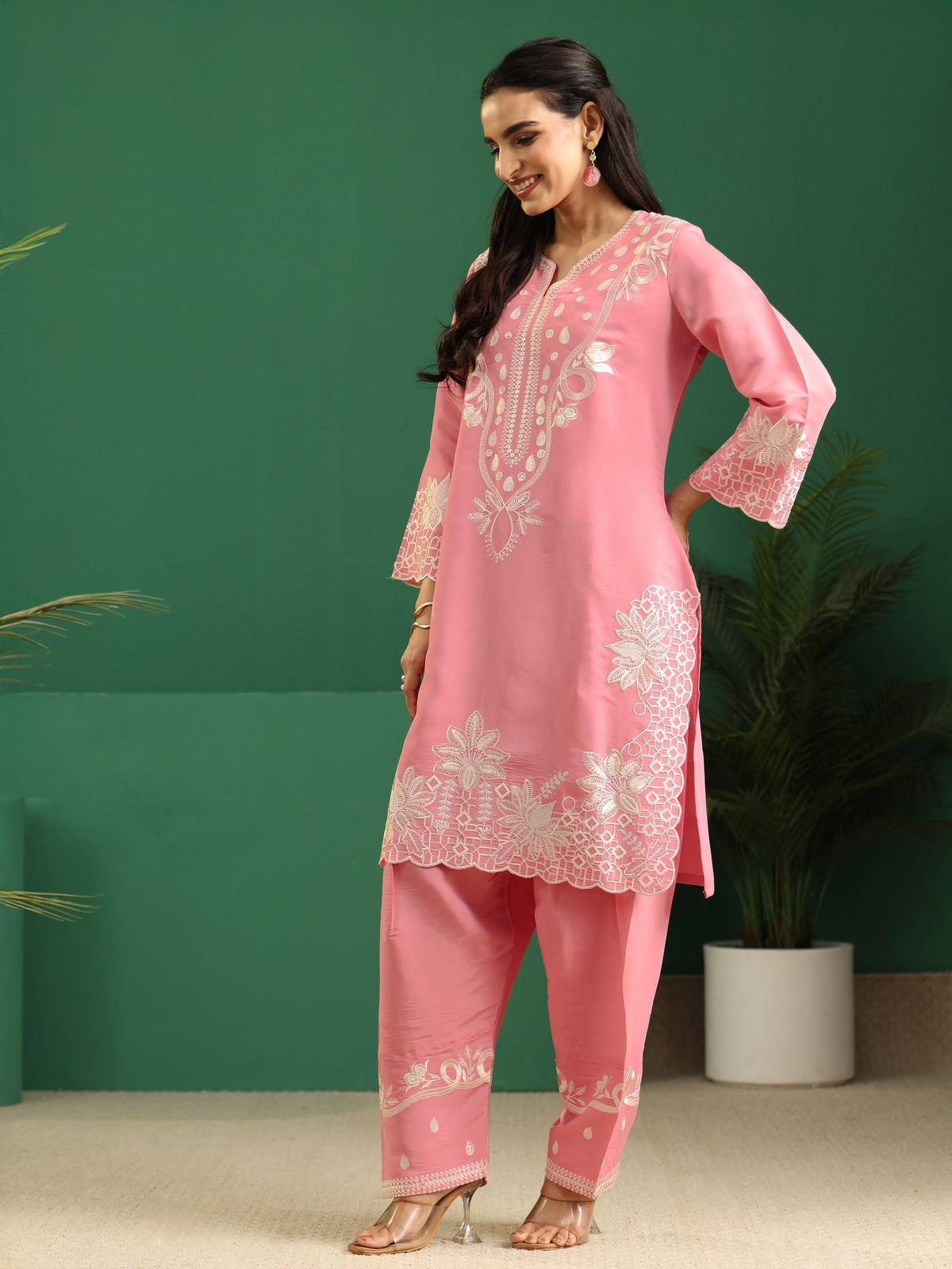 sanjhshringar Baby Pink Floral Embroidered Silk Blend Farshi Suit Set