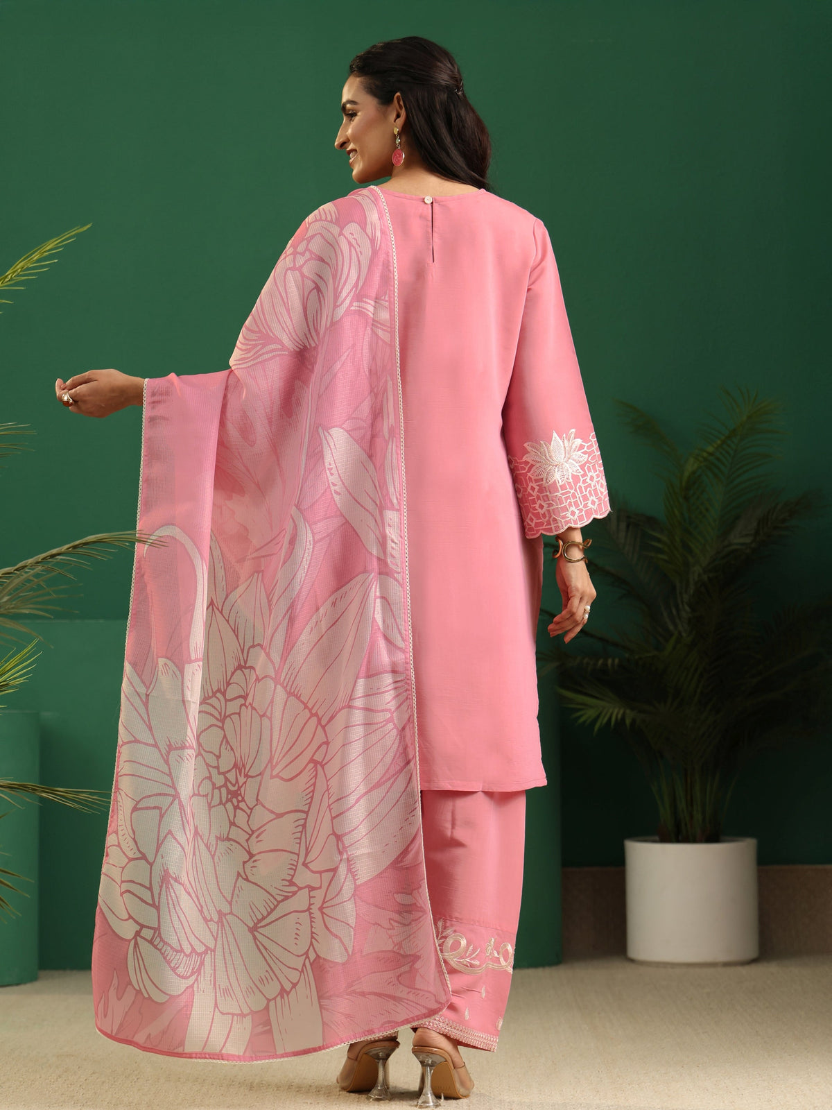 sanjhshringar Baby Pink Floral Embroidered Silk Blend Farshi Suit Set
