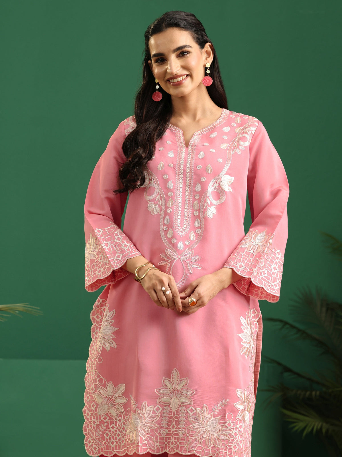 sanjhshringar Baby Pink Floral Embroidered Silk Blend Farshi Suit Set