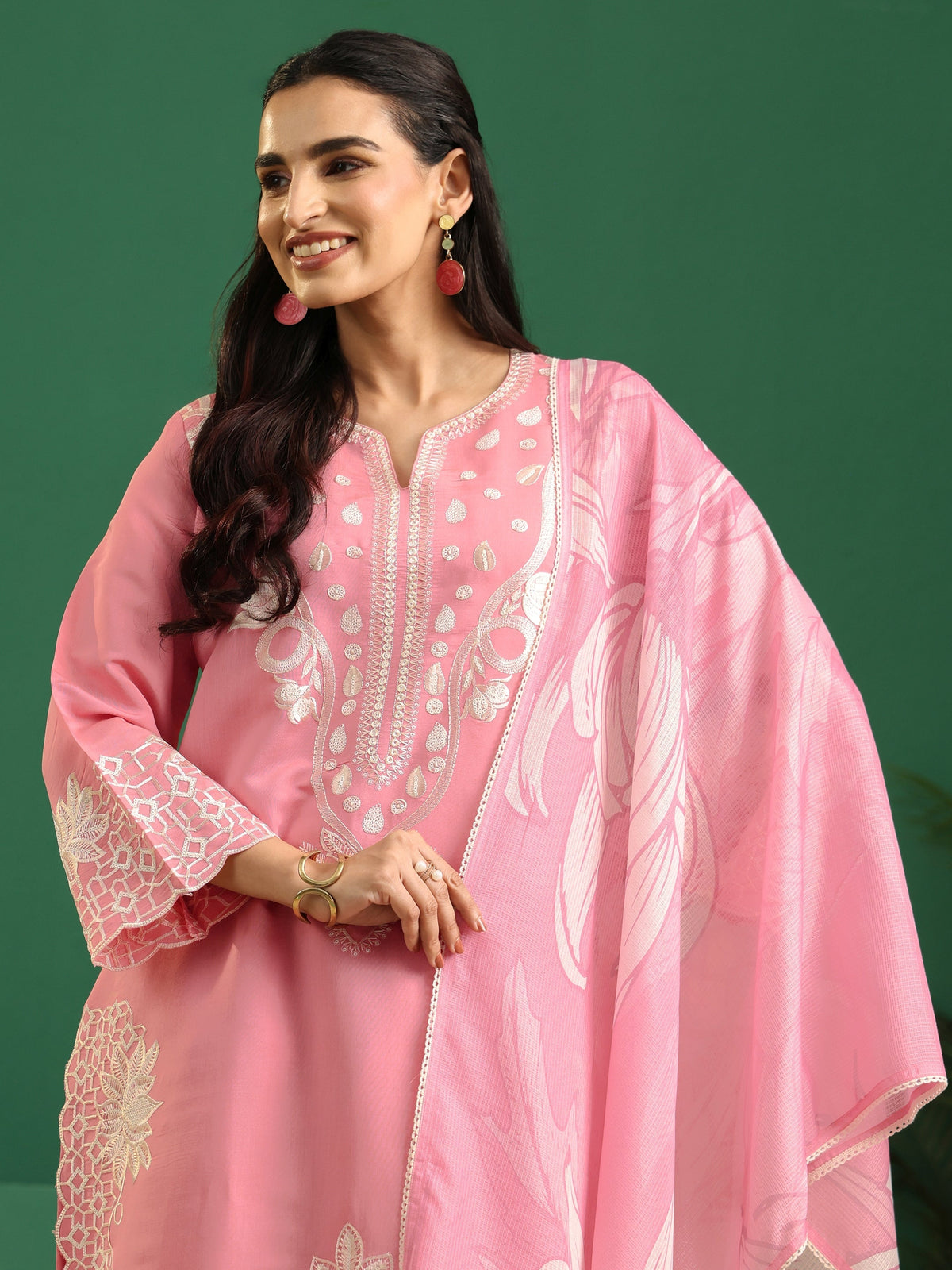 sanjhshringar Baby Pink Floral Embroidered Silk Blend Farshi Suit Set
