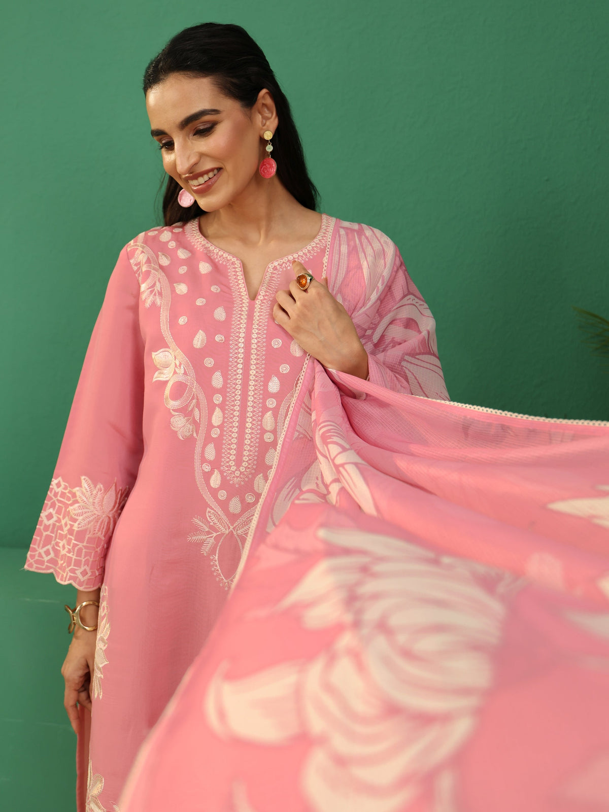 sanjhshringar Baby Pink Floral Embroidered Silk Blend Farshi Suit Set