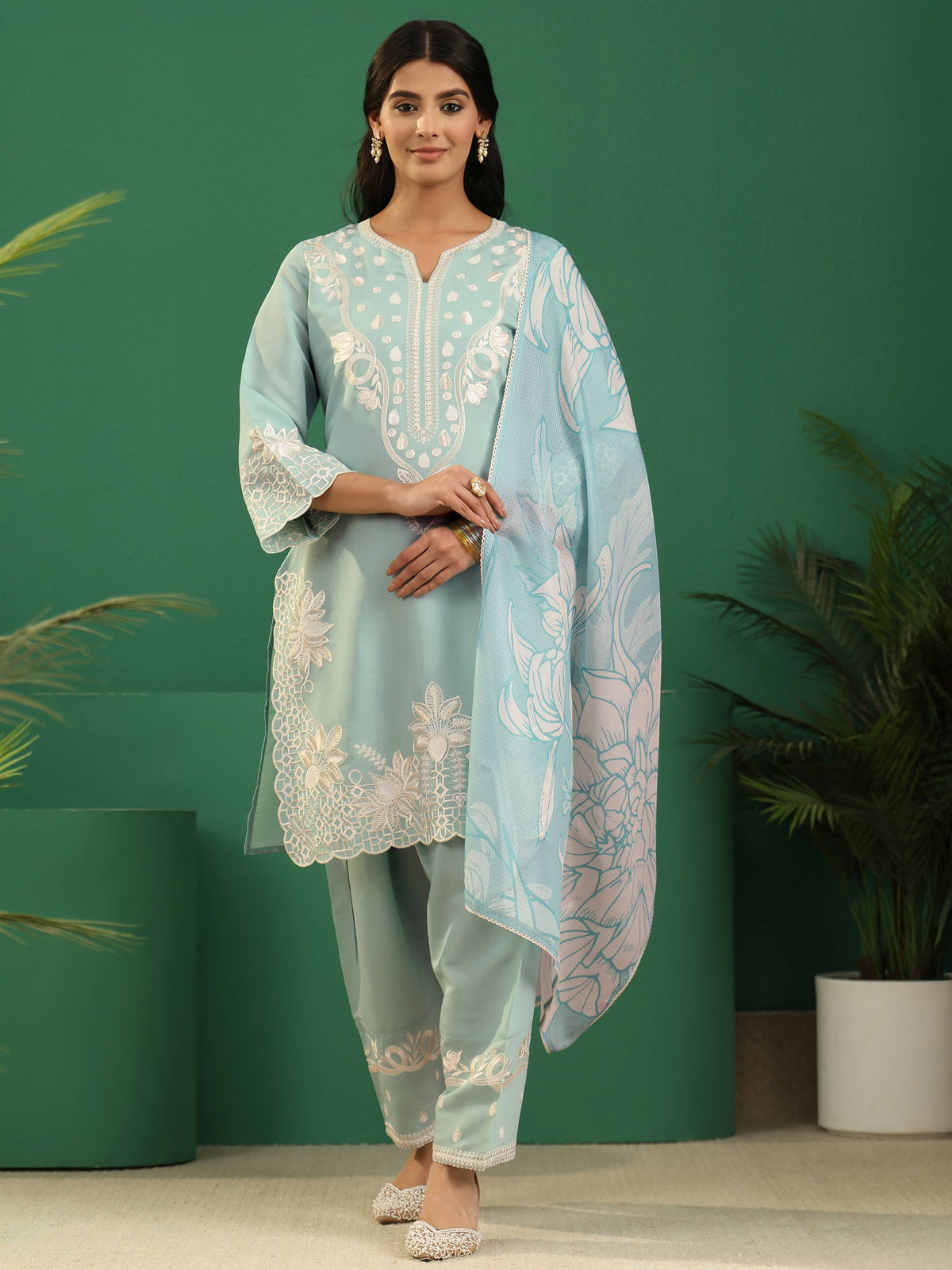 sanjhshringar Light Sea Green Floral Embroidered Silk Blend Farshi Suit Set