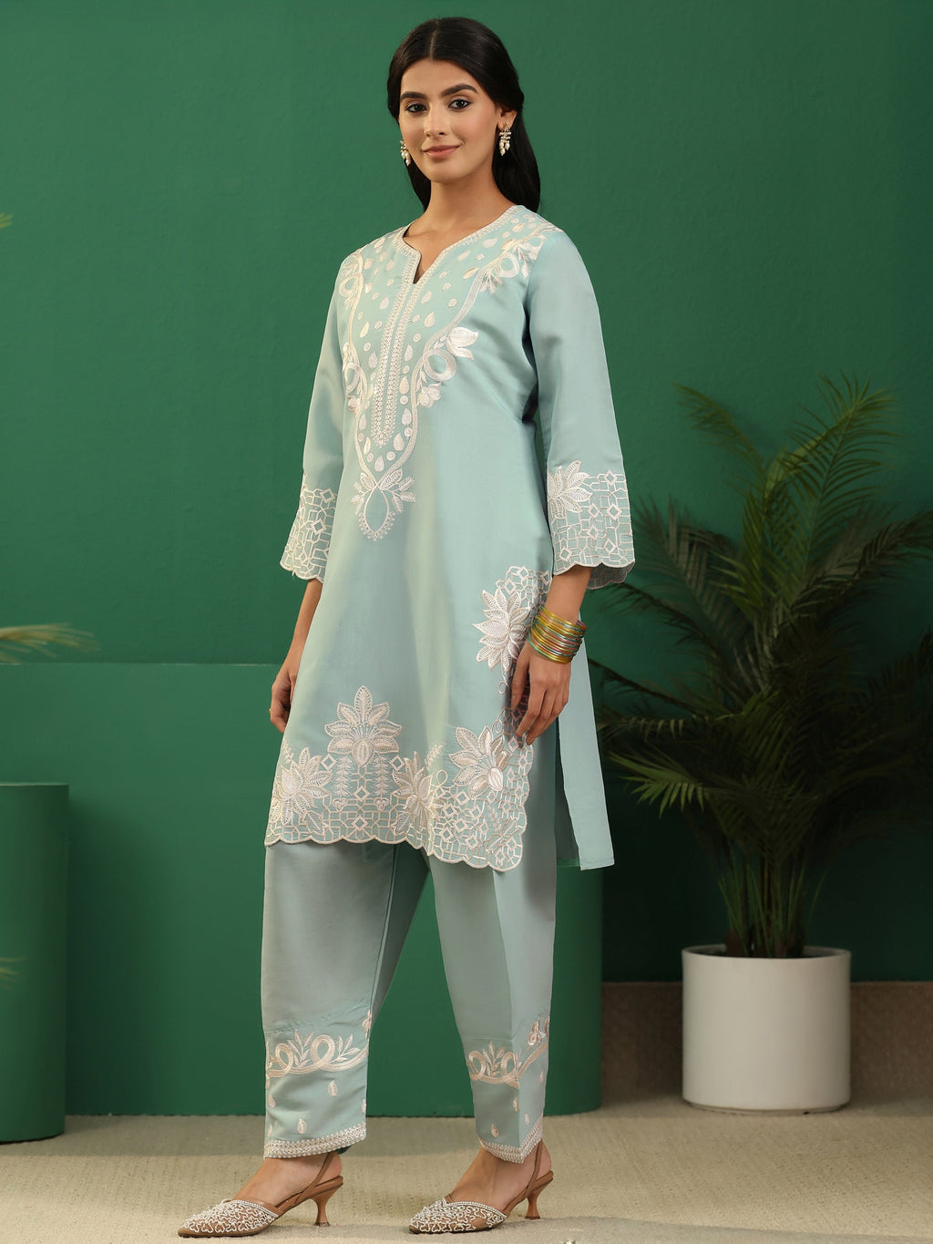 sanjhshringar Light Sea Green Floral Embroidered Silk Blend Farshi Suit Set