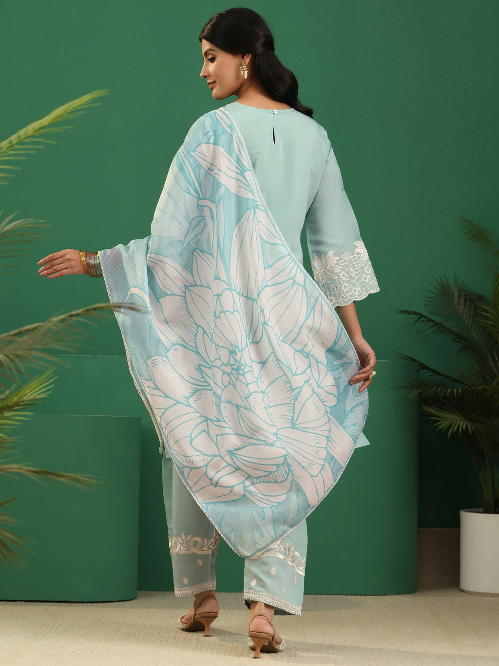 sanjhshringar Light Sea Green Floral Embroidered Silk Blend Farshi Suit Set