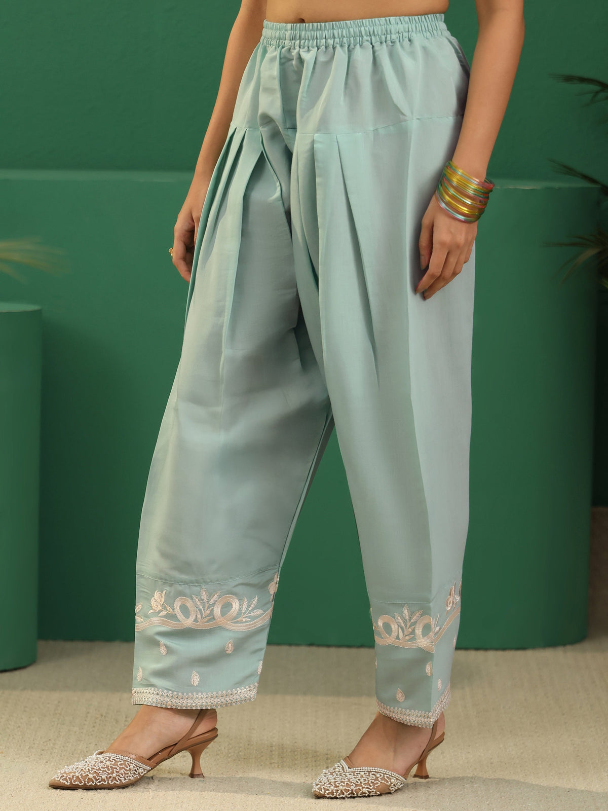 sanjhshringar Light Sea Green Floral Embroidered Silk Blend Farshi Suit Set
