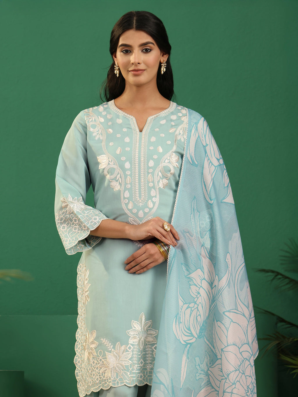 sanjhshringar Light Sea Green Floral Embroidered Silk Blend Farshi Suit Set