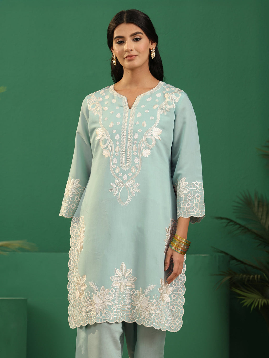sanjhshringar Light Sea Green Floral Embroidered Silk Blend Farshi Suit Set