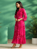 sanjhshringar Fuchsia Pink Floral Printed Chiffon Tiered Dress