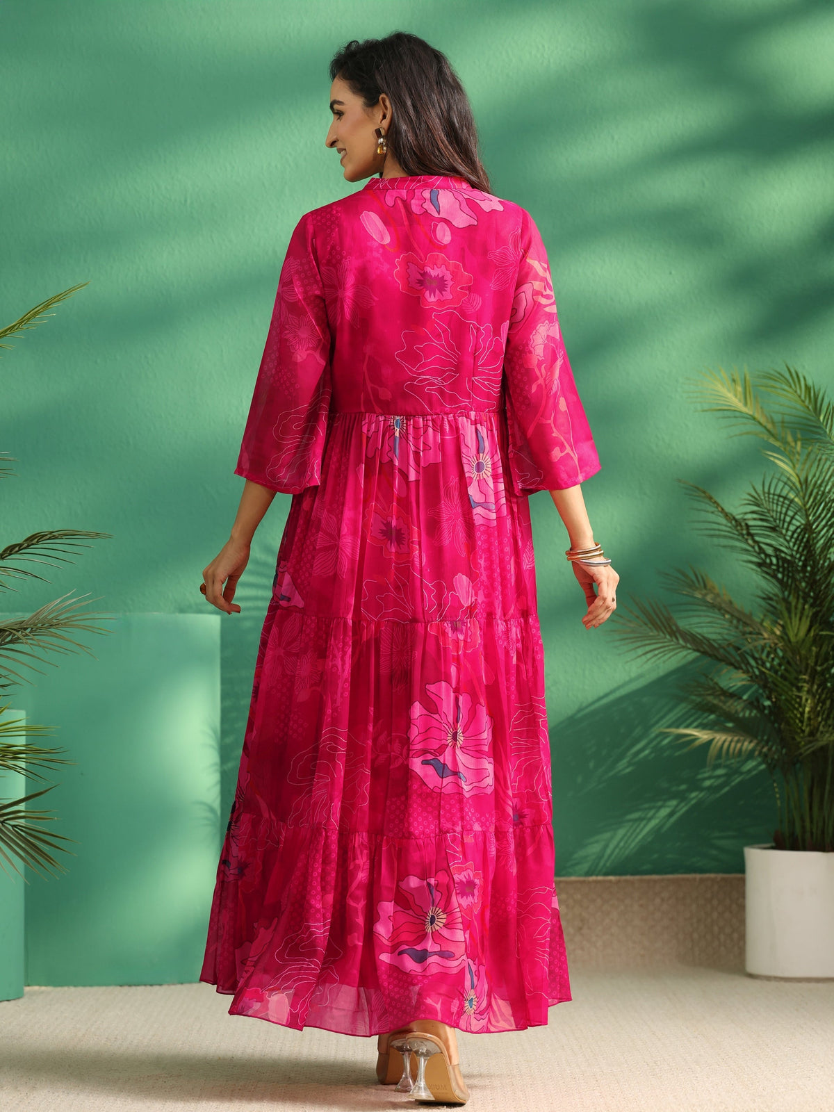 sanjhshringar Fuchsia Pink Floral Printed Chiffon Tiered Dress