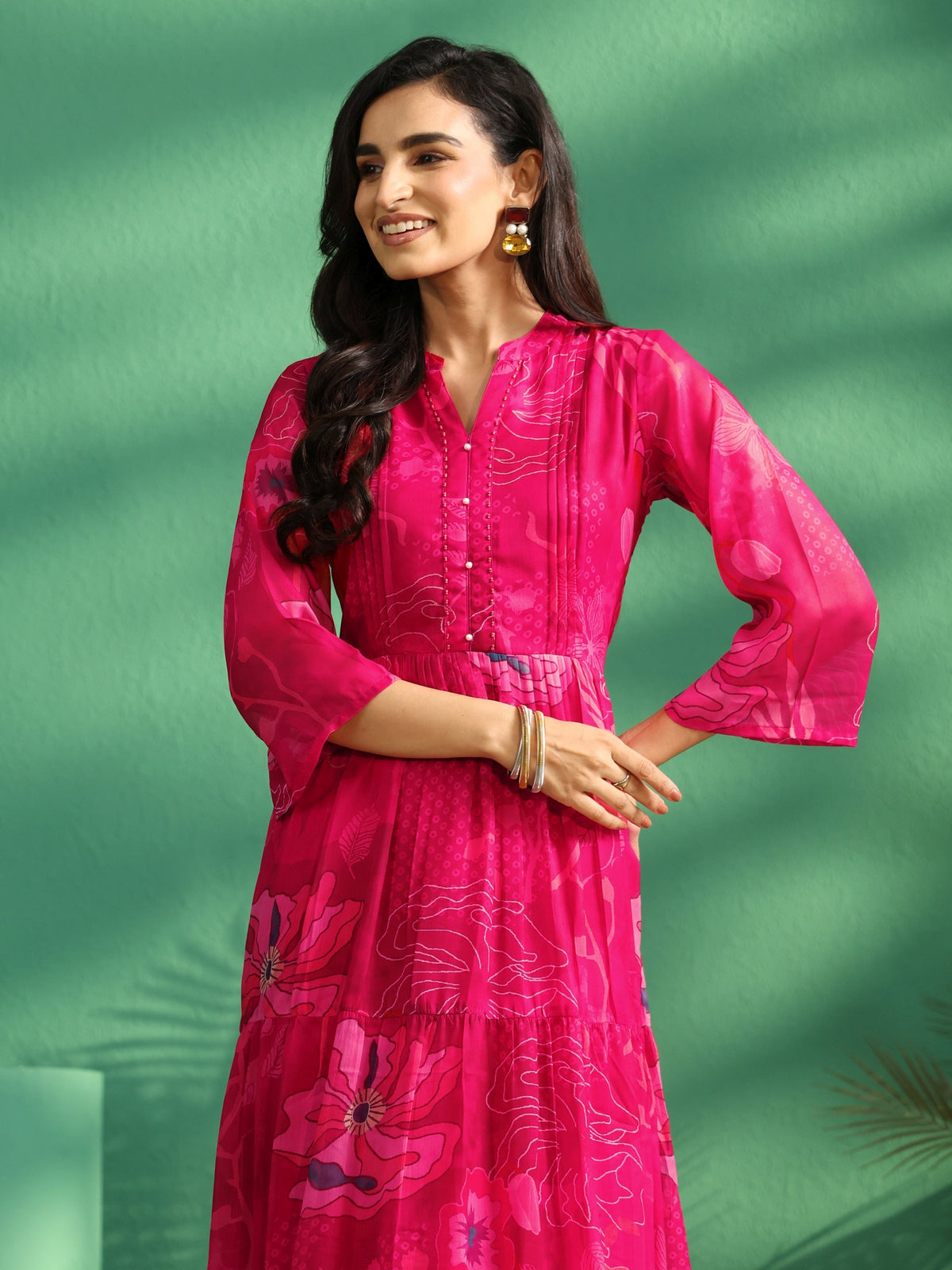 sanjhshringar Fuchsia Pink Floral Printed Chiffon Tiered Dress