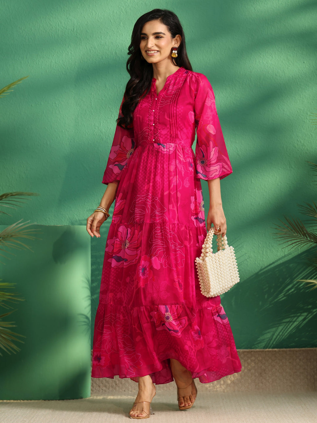 sanjhshringar Fuchsia Pink Floral Printed Chiffon Tiered Dress