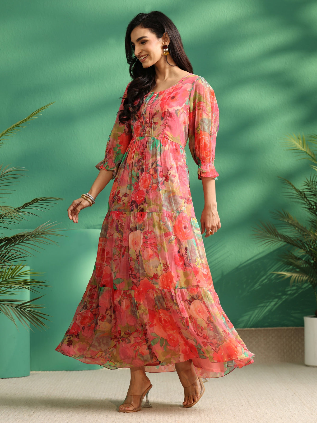 sanjhshringar Pink Floral Printed Chiffon Tiered Dress