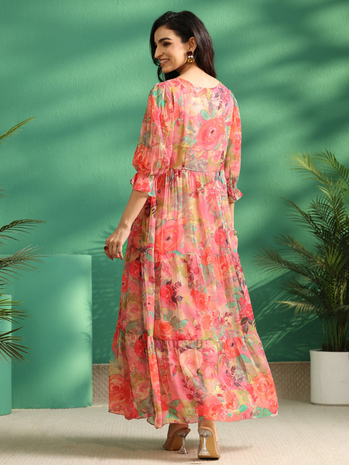 sanjhshringar Pink Floral Printed Chiffon Tiered Dress