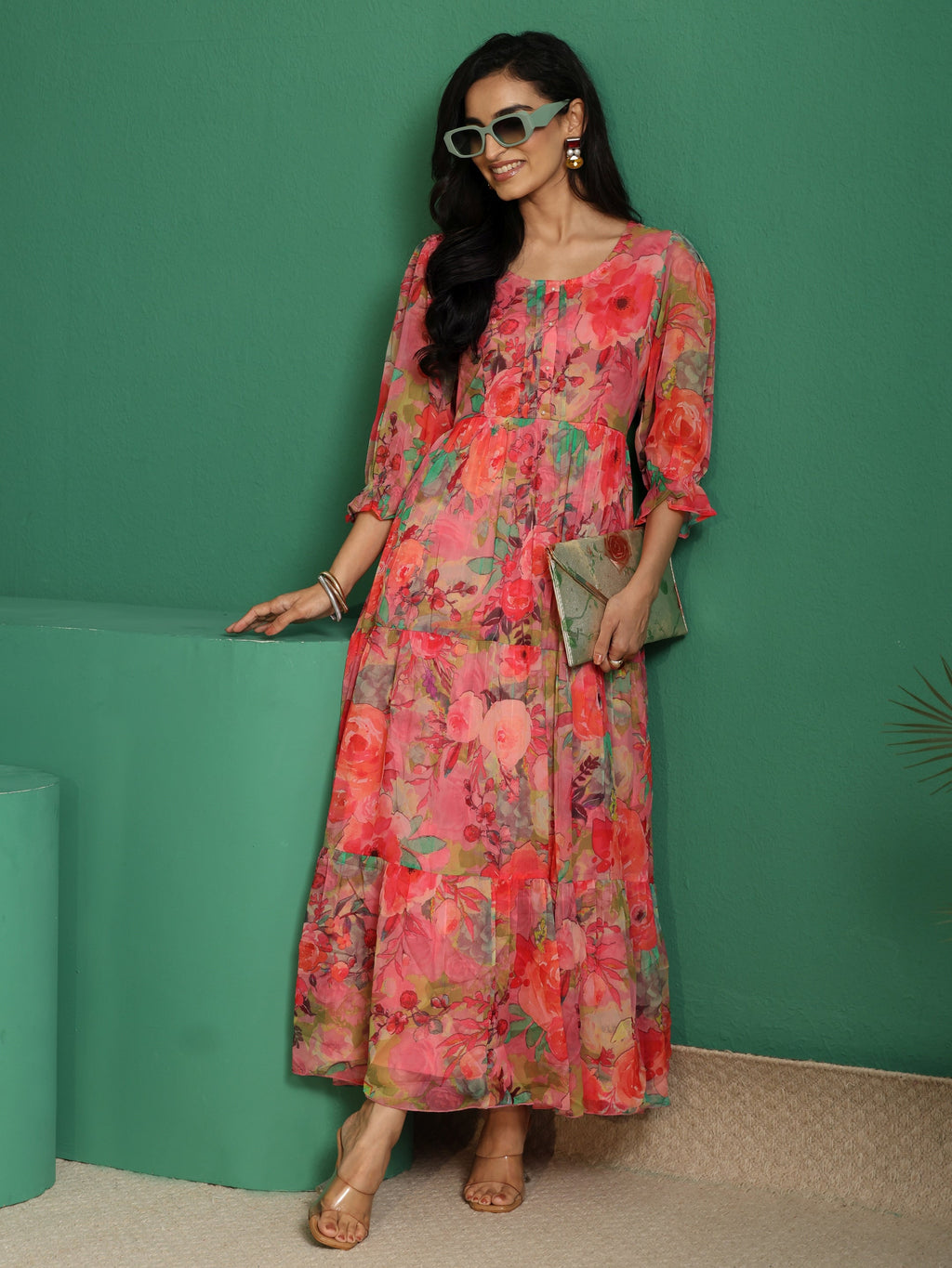 sanjhshringar Pink Floral Printed Chiffon Tiered Dress