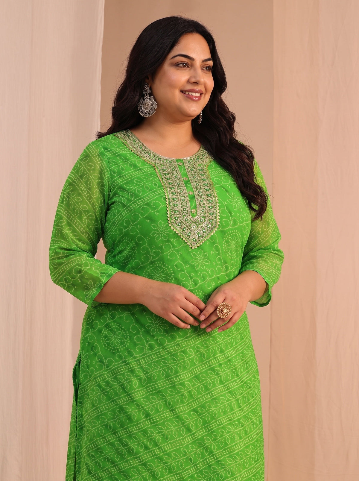 Plus Size Green Bandhani Printed Chiffon Straight Kurta