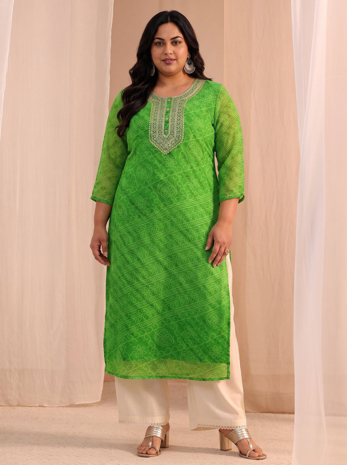 Plus Size Green Bandhani Printed Chiffon Straight Kurta