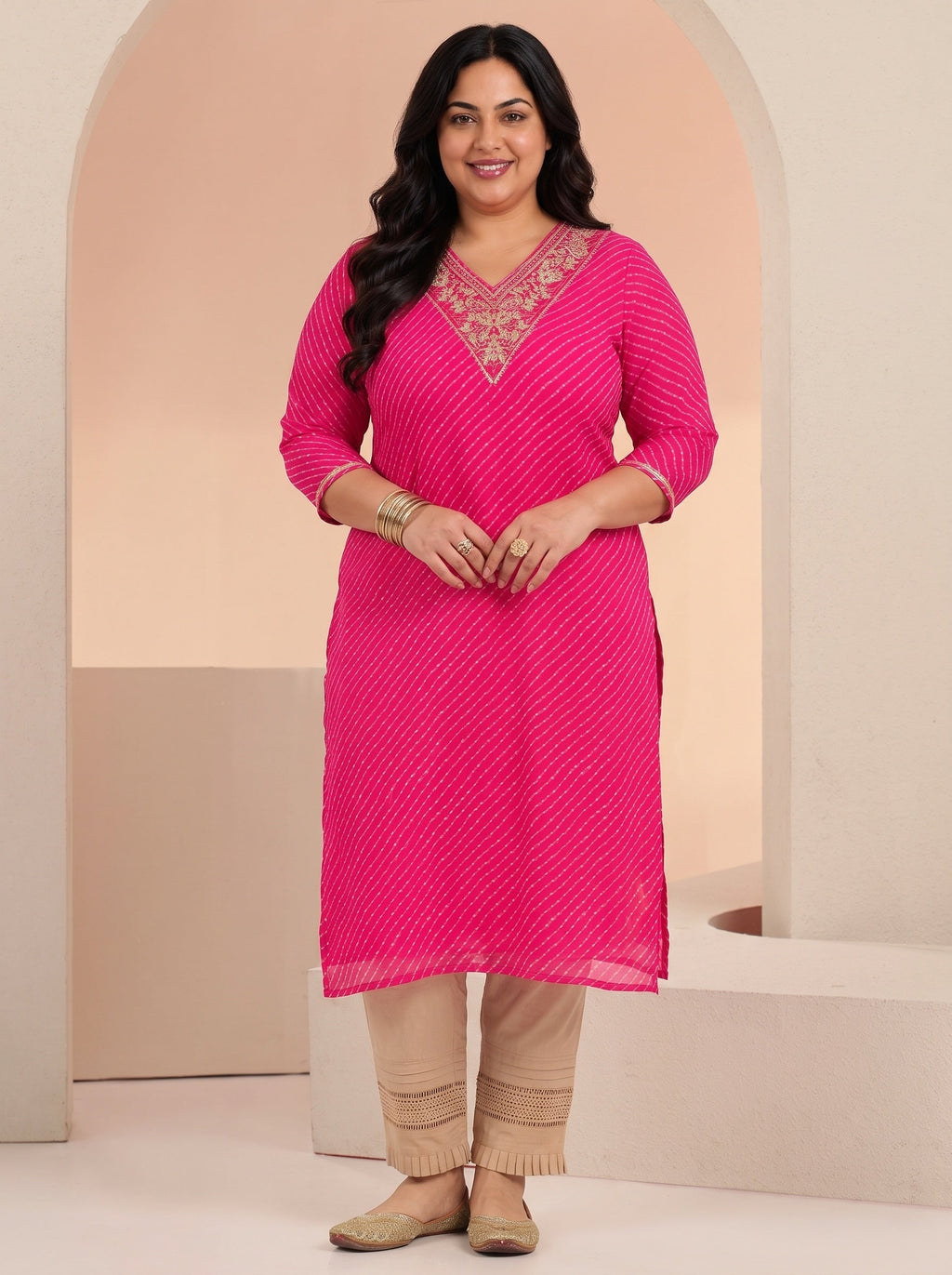 Plus Size Hot Pink Leheriya Printed Chiffon Straight Kurta