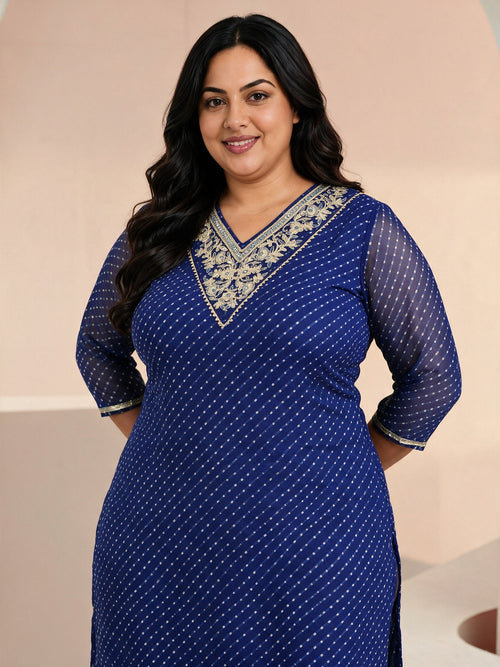 Plus Size Cobalt Blue Printed Chiffon Straight Kurta
